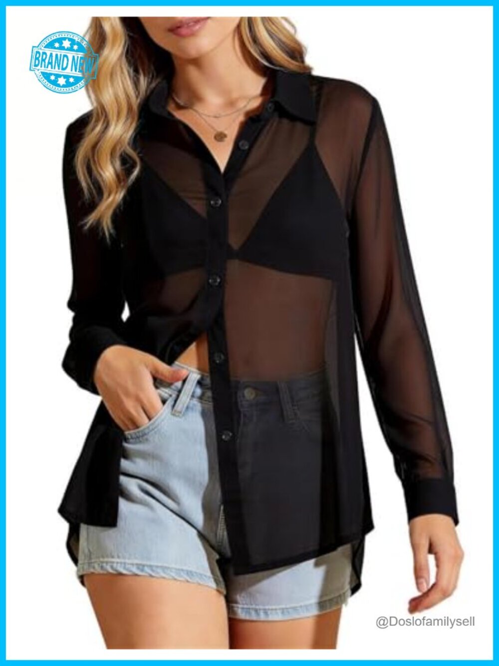 Sheer Button Down Shirt Loose See Through Blouse Long Sleeve Mesh Top
